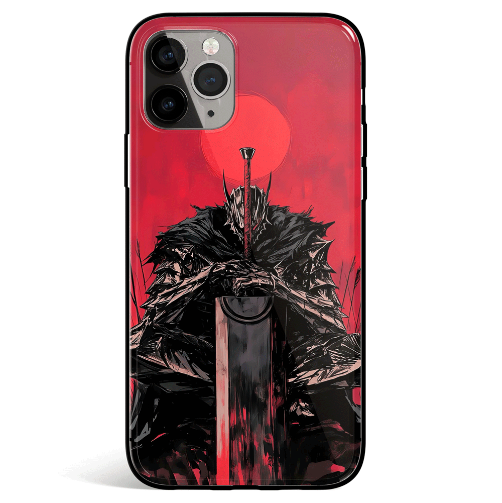 Berserk Dark Fantasy Knight Under Blood Moon Tempered Glass Soft Silicone iPhone Case