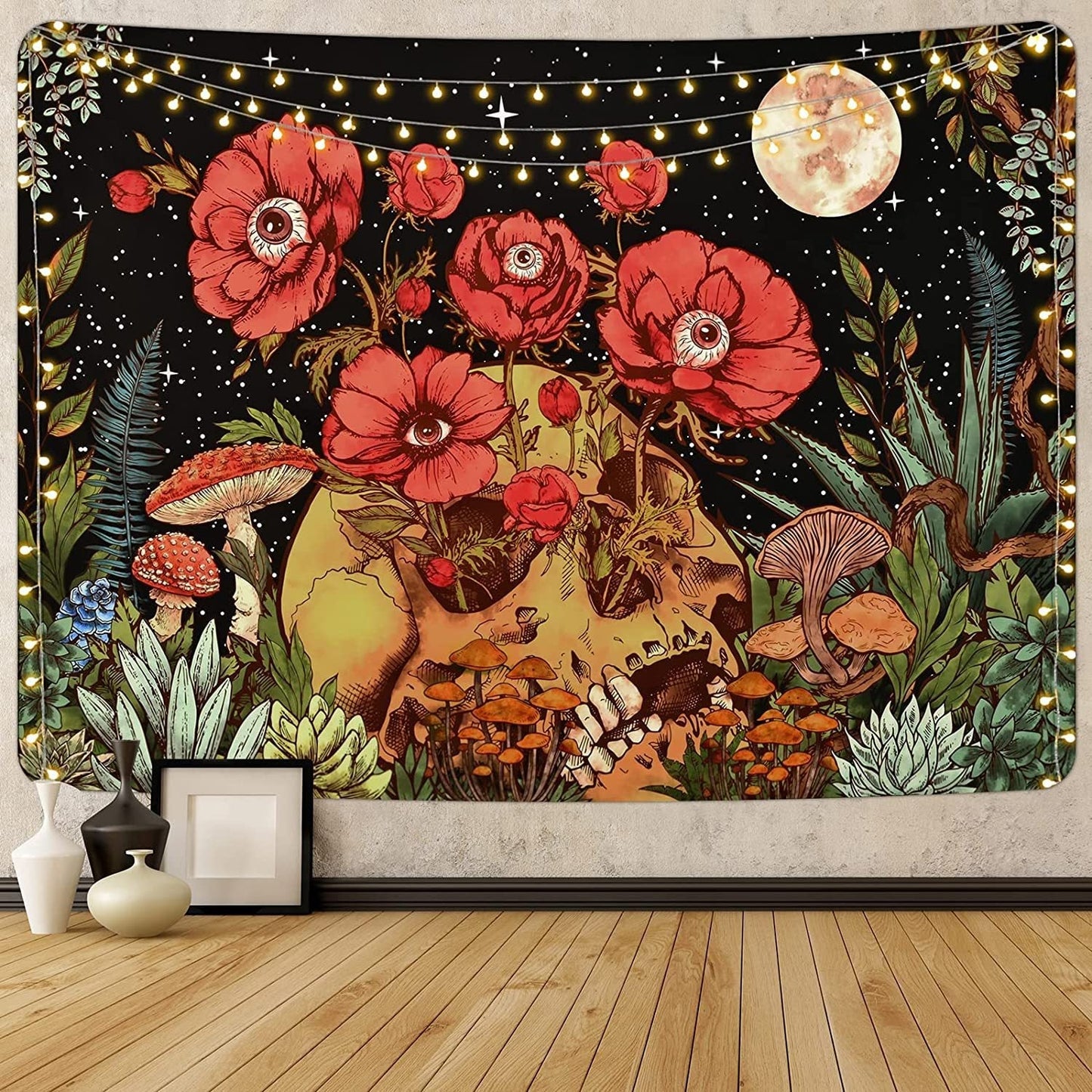 Skull Eye Flowers Black Tapestry