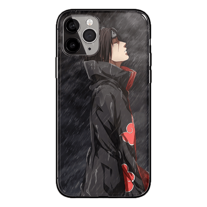 Itachi In the Rain with Akatsuki Cloak Tempered Glass Soft Silicone iPhone Case-Phone Case-Monkey Ninja-iPhone XR-Tempered Glass-Monkey Ninja