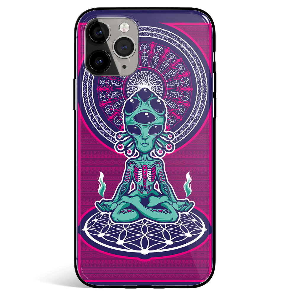 Meditate Alien iPhone Tempered Glass Phone Case