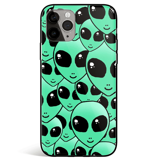 Green Alien Faces iPhone Tempered Glass Soft Silicone Phone Case-Feature Print Phone Case-Monkey Ninja-iPhone X/XS-Tempered Glass-Monkey Ninja