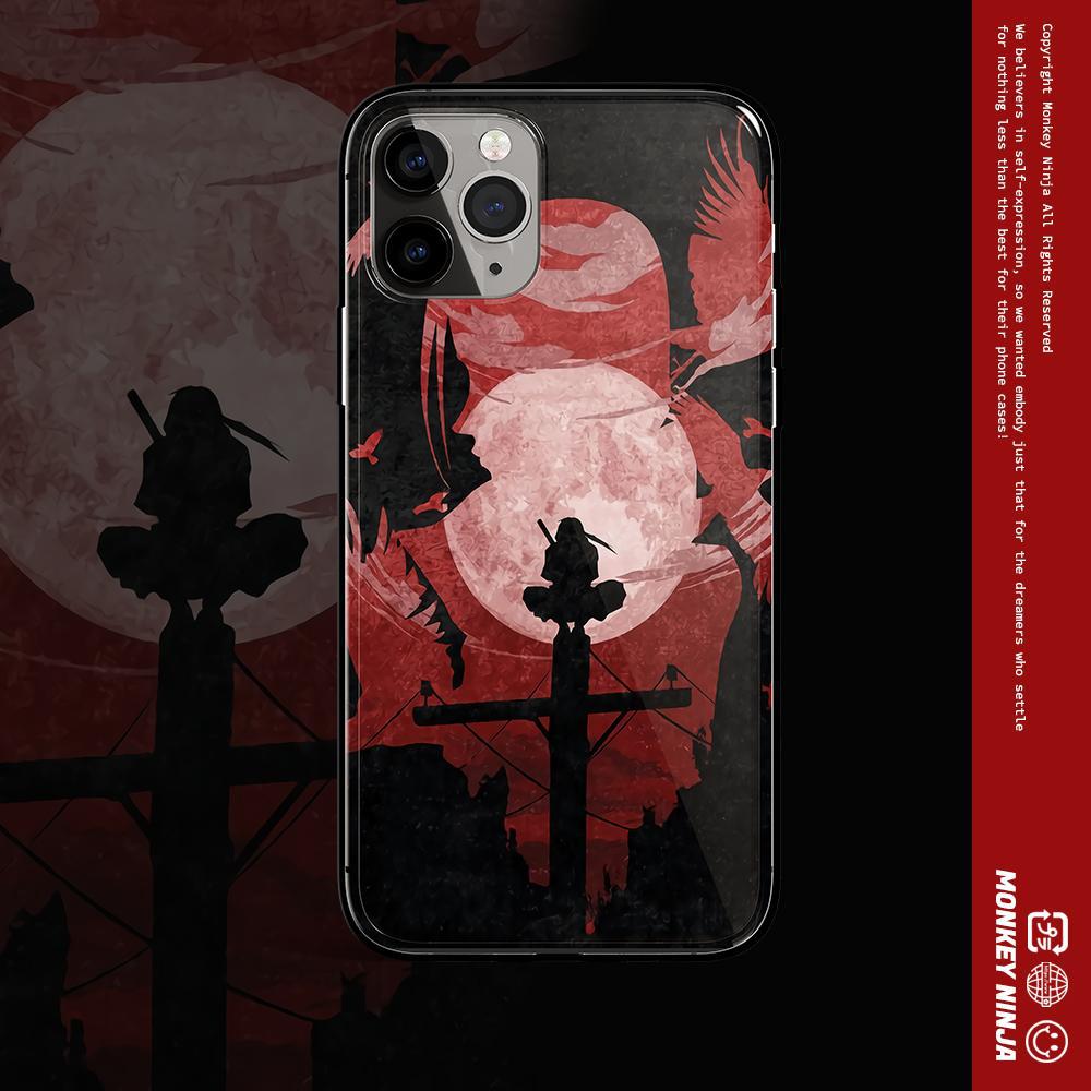 Itachi with Bloody Moon and Clouds Tempered Glass Soft Silicone iPhone Case