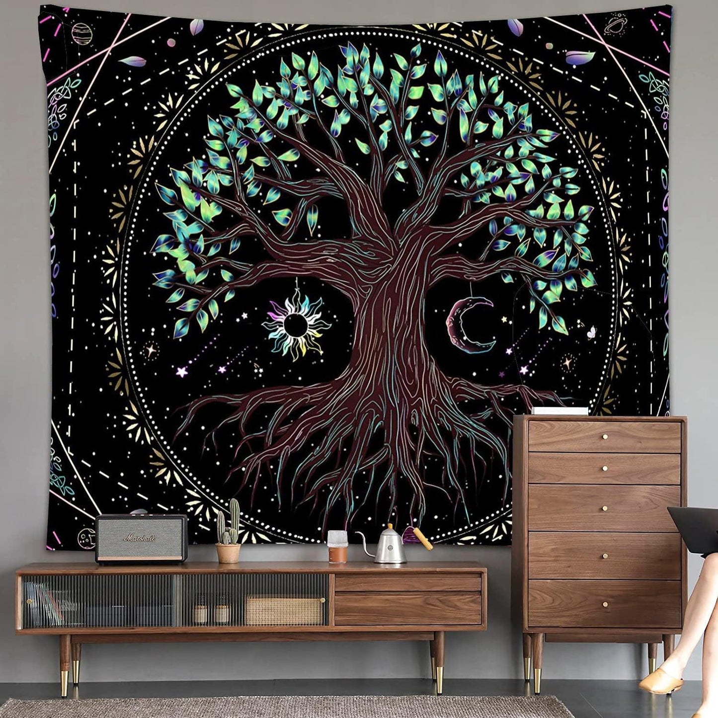 Black Sun Moon Tree Myth Tapestry