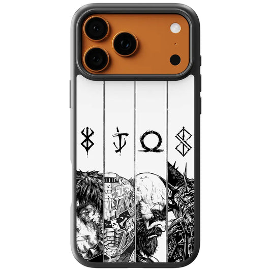 Berserk Guts Doom Slayer Kratos and The Penitent iPhone Case - One Black and White Character Portrait