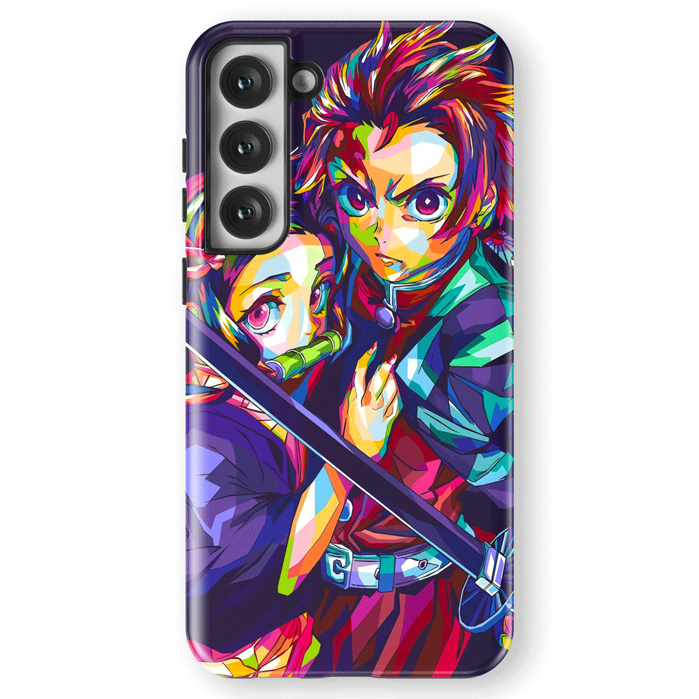 Demon Slayer Colorful Tanjiro and Nezuko Tempered Glass Tough Samsung Phone Case