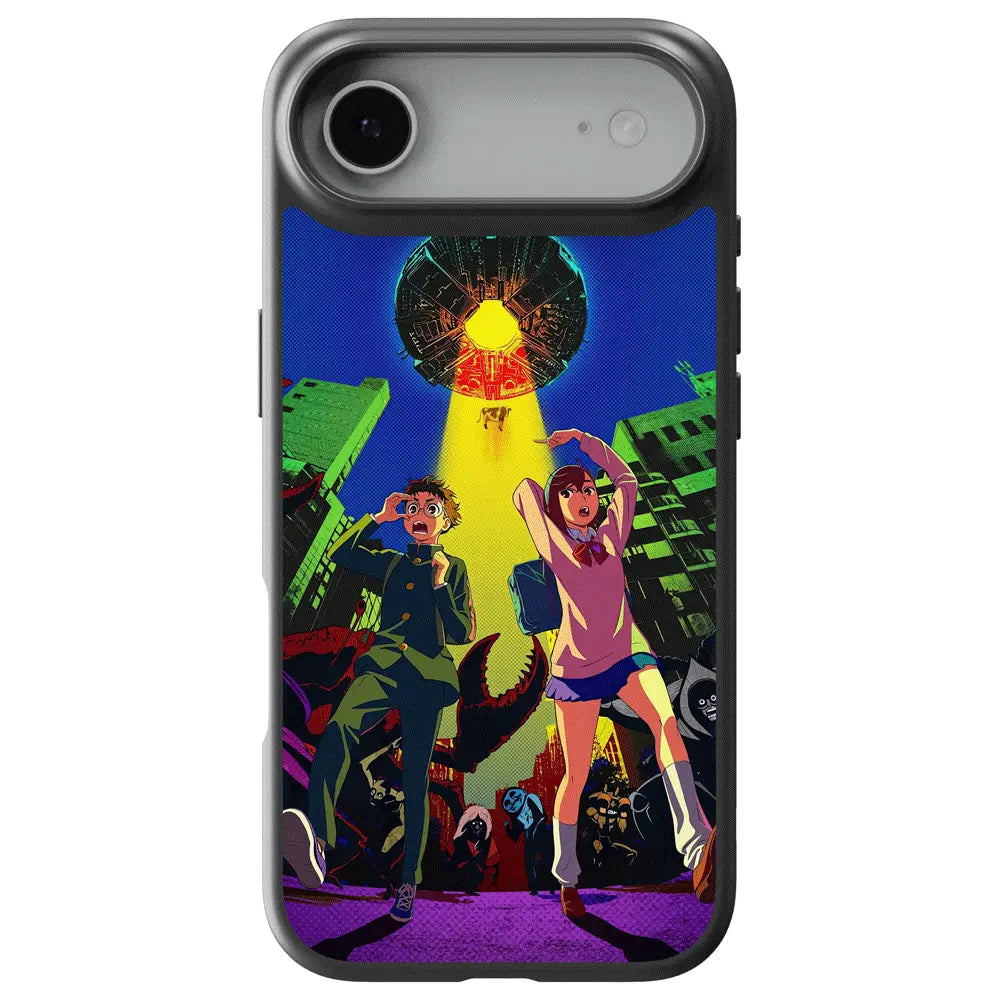 Dandadan Man Alien Invasion City Tempered Glass Soft Silicone iPhone Case-Phone Case-Monkey Ninja-iPhone 17-Glass Case-Monkey Ninja