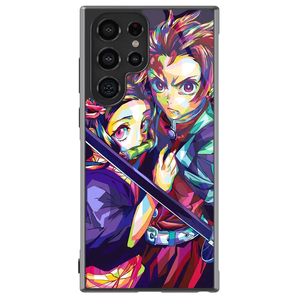 Demon Slayer Colorful Tanjiro and Nezuko Tempered Glass Tough Samsung Phone Case-Phone Case-Monkey Ninja-Galaxy S25-Glass Case-Monkey Ninja