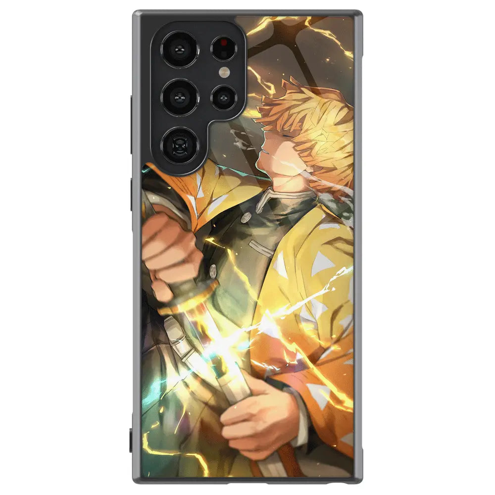 Demon Slayer Zenitsu Agatsuma Thunder Breathing Tempered Glass Tough Samsung Case-Phone Case-Monkey Ninja-Galaxy S25-Glass Case-Monkey Ninja