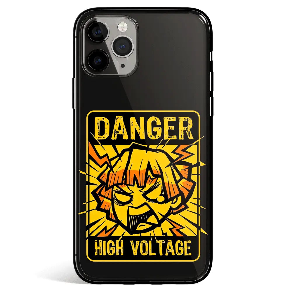 Demon Slayer Zenitsu Danger High Voltage Tempered Glass Soft Silicone iPhone Case-Phone Case-Monkey Ninja-iPhone 17-Glass Case-Monkey Ninja