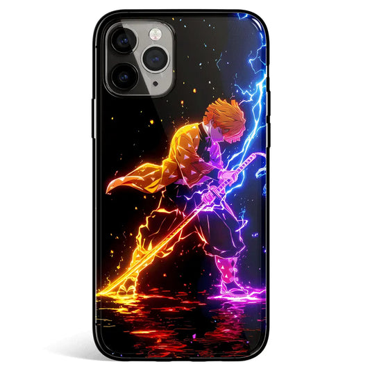 Demon Slayer Zenitsu Neon Tempered Glass Soft Silicone iPhone Case-Phone Case-Monkey Ninja-iPhone 17-Glass Case-Monkey Ninja