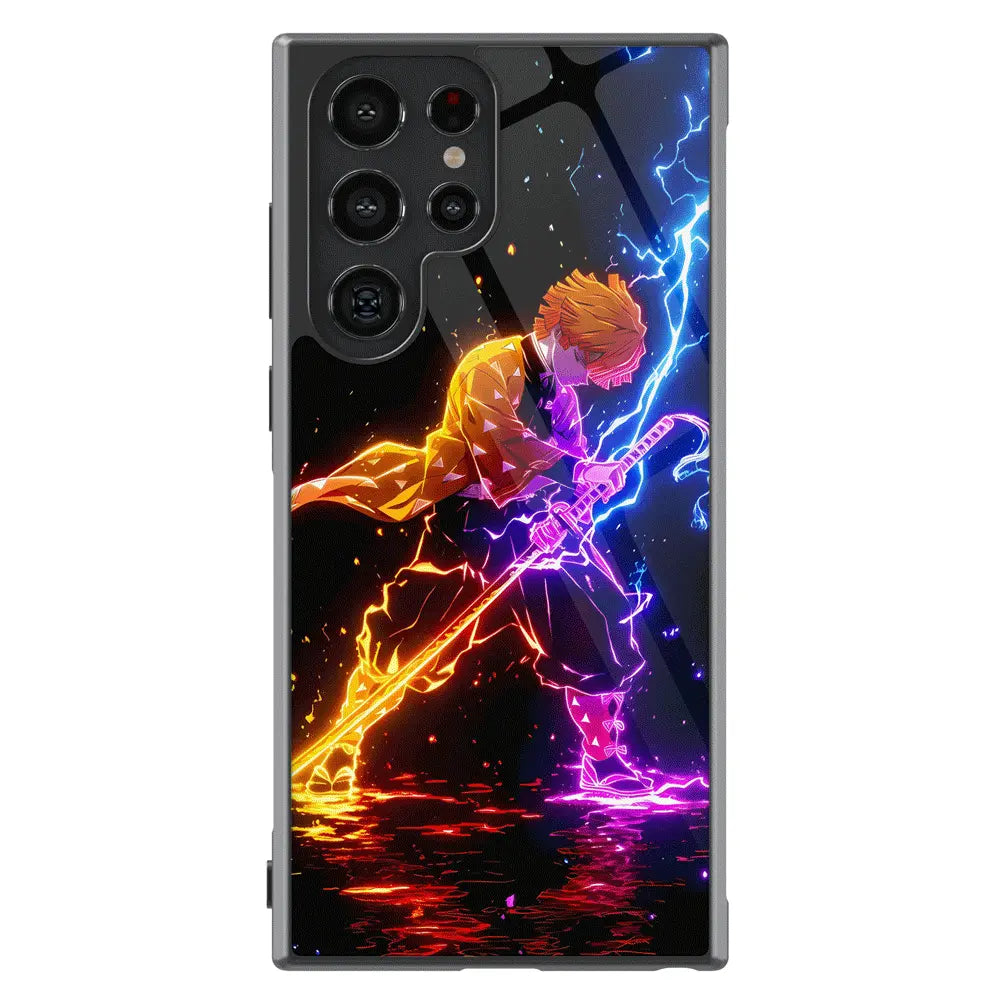 Demon Slayer Zenitsu Neon Tempered Glass Tough Samsung Phone Case-Phone Case-Monkey Ninja-Galaxy S25-Glass Case-Monkey Ninja