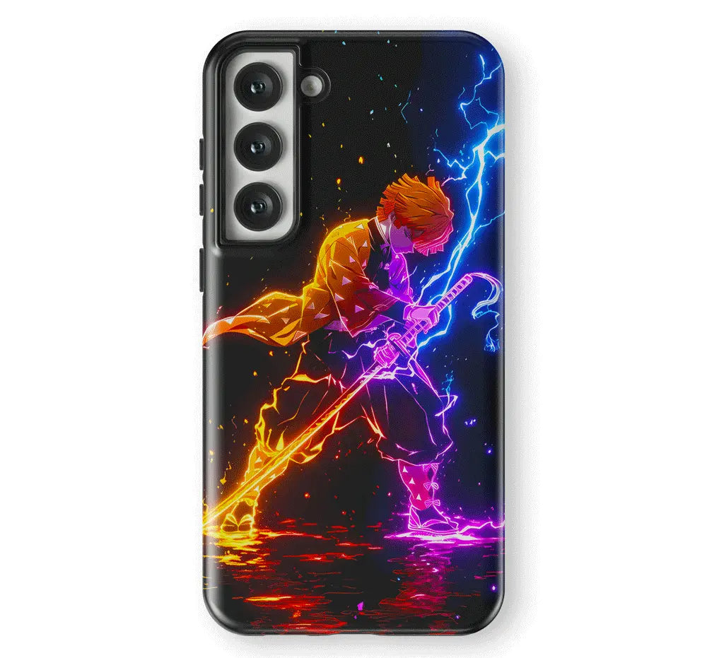 Demon Slayer Zenitsu Neon Tempered Glass Tough Samsung Phone Case-Phone Case-Monkey Ninja-Galaxy S25-Tough Case-Monkey Ninja