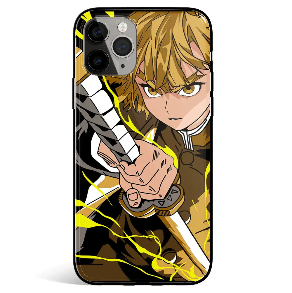 Demon Slayer Zenitsu Tempered Glass Soft Silicone iPhone Case-Phone Case-Monkey Ninja-iPhone 17-Glass Case-Monkey Ninja