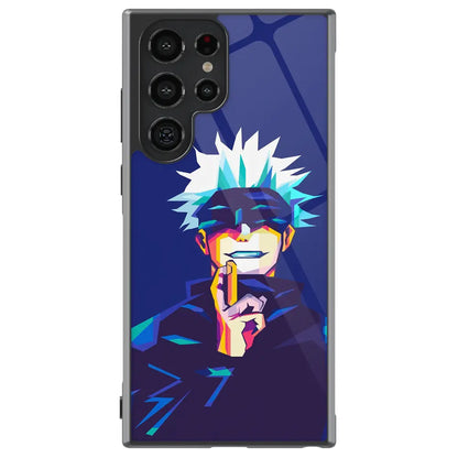 Jujutsu Kaisen Satoru Gojo Pop Art Blue Tempered Glass Tough Samsung Phone Case-Phone Case-Monkey Ninja-Galaxy S25-Glass Case-Monkey Ninja