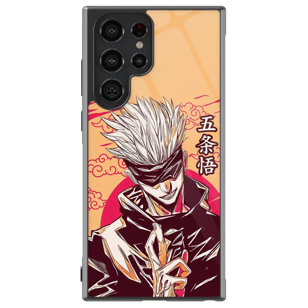 Jujutsu Kaisen Satoru Gojo Pop Art Orange Tempered Glass Tough Samsung Phone Case-Phone Case-Monkey Ninja-Galaxy S25-Glass Case-Monkey Ninja