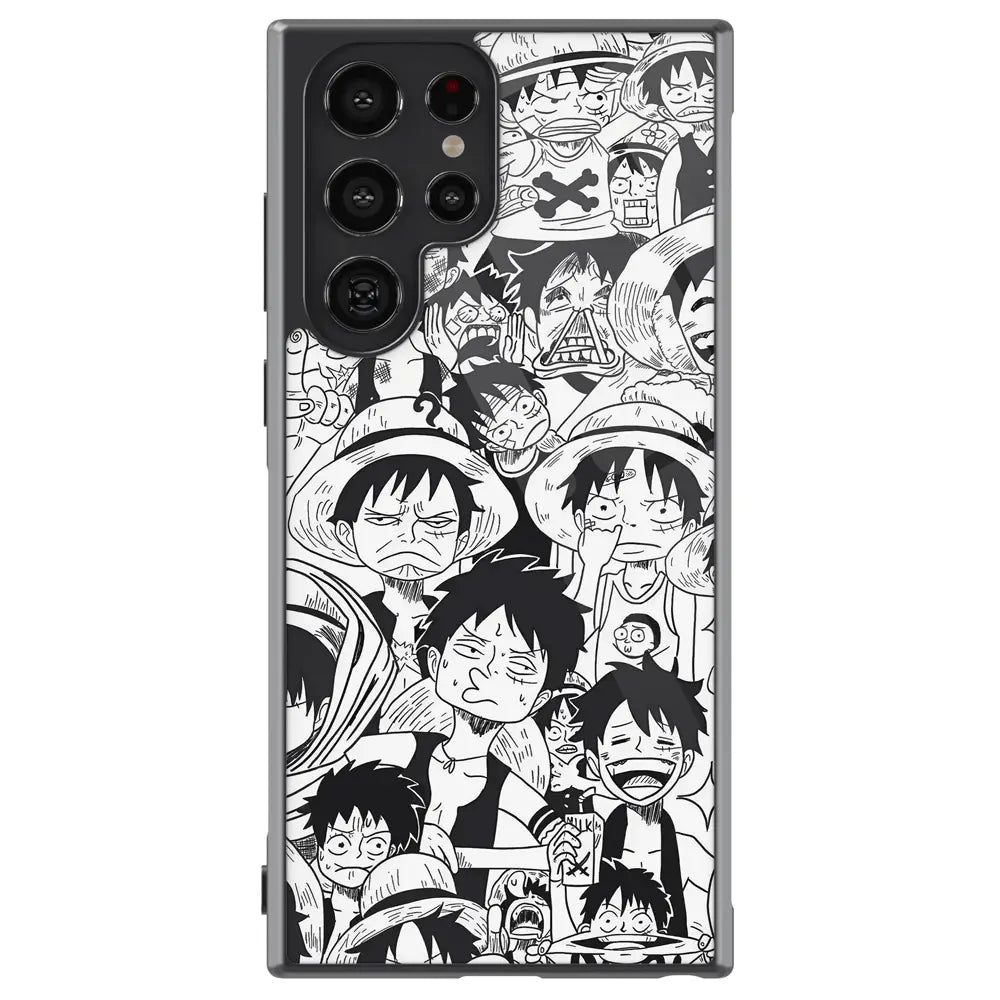 One Piece Luffy Emoji Memes Face Sketches Tempered Glass Tough Samsung Galaxy Phone Case-Phone Case-Monkey Ninja-Galaxy S25-Glass Case-Monkey Ninja
