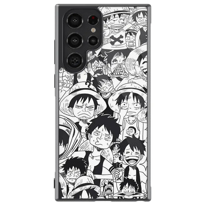 One Piece Luffy Emoji Memes Face Sketches Tempered Glass Tough Samsung Galaxy Phone Case-Phone Case-Monkey Ninja-Galaxy S25-Glass Case-Monkey Ninja