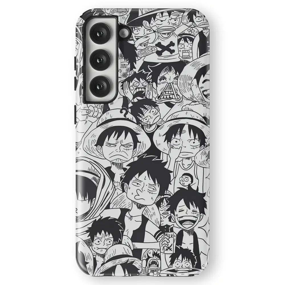 One Piece Luffy Emoji Memes Face Sketches Tempered Glass Tough Samsung Galaxy Phone Case-Phone Case-Monkey Ninja-Galaxy S25-Tough Case-Monkey Ninja