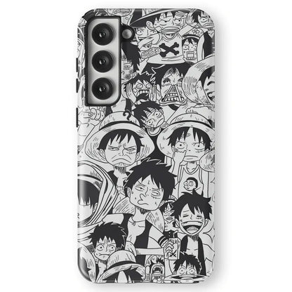 One Piece Luffy Emoji Memes Face Sketches Tempered Glass Tough Samsung Galaxy Phone Case-Phone Case-Monkey Ninja-Galaxy S25-Tough Case-Monkey Ninja