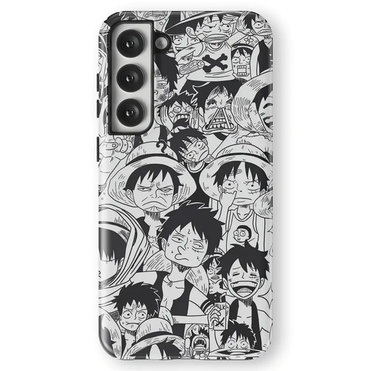 One Piece Luffy Emoji Memes Face Sketches Tempered Glass Tough Samsung Galaxy Phone Case-Phone Case-Monkey Ninja-Galaxy S25-Tough Case-Monkey Ninja