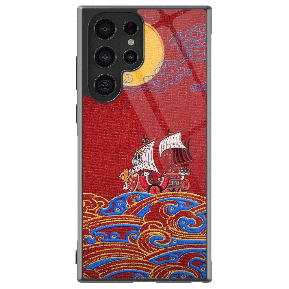 One Piece Thousand Sunny Embroidery Tempered Glass Tough Samsung Galaxy Phone Case-Phone Case-Monkey Ninja-Galaxy S25-Glass Case-Monkey Ninja