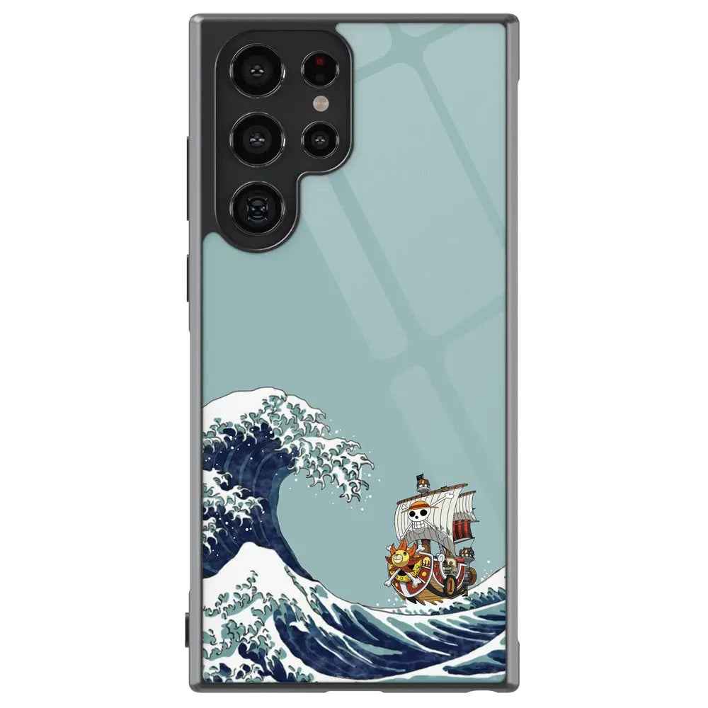 One Piece Thousand Sunny & Great Wave off Kanagawa Samsung Phone Case-Phone Case-Monkey Ninja-Galaxy S25-Glass Case-Monkey Ninja