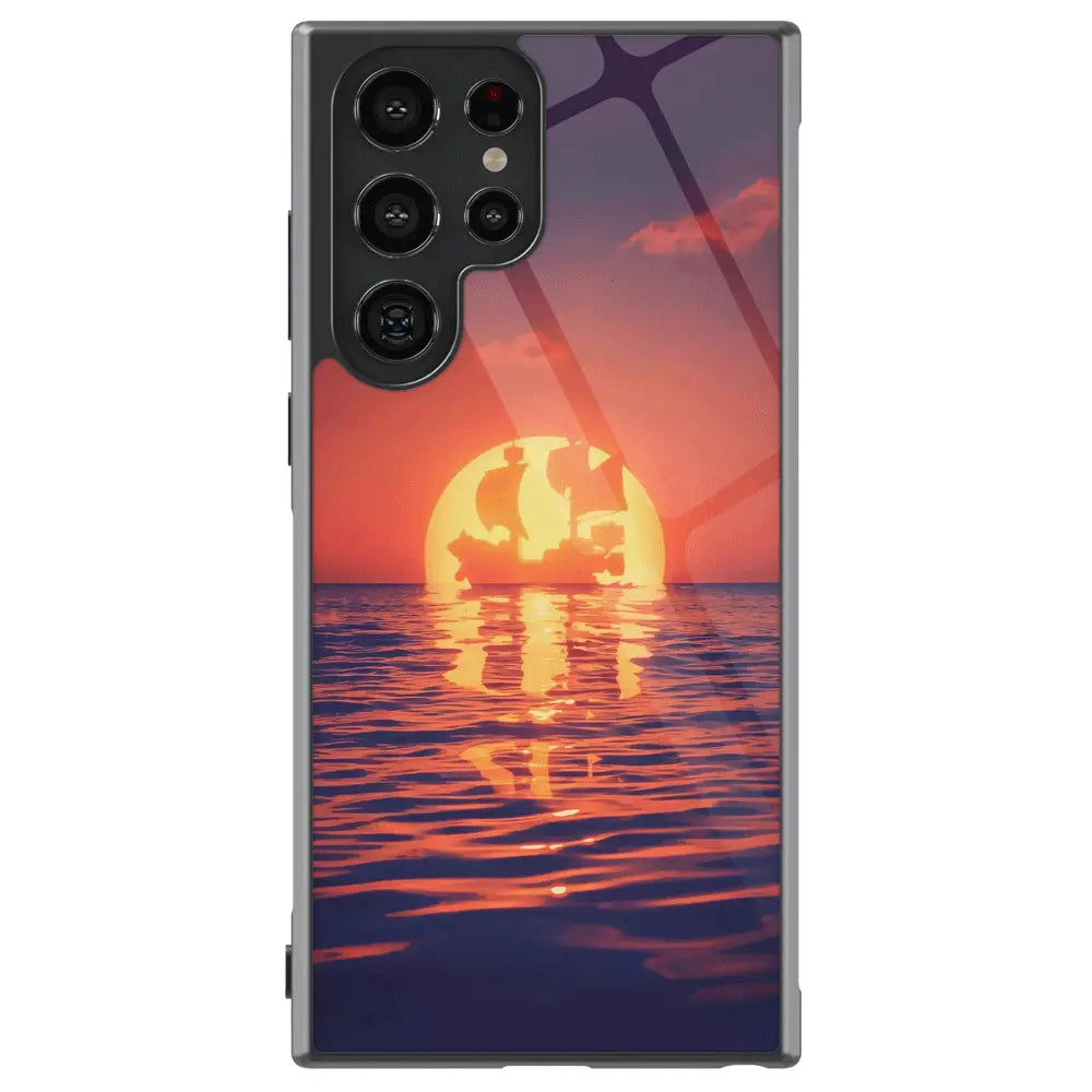 One Piece Thousand Sunny Pirate Ship in Sunset Tempered Glass Tough Samsung Galaxy Phone Case-Phone Case-Monkey Ninja-Galaxy S25-Glass Case-Monkey Ninja