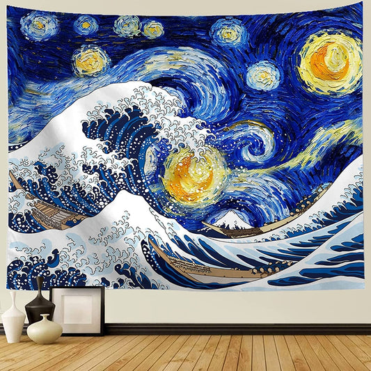 Kanagawa Surfing Starry Night Tapestry