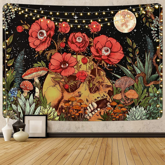 Skull Eye Flowers Black Tapestry