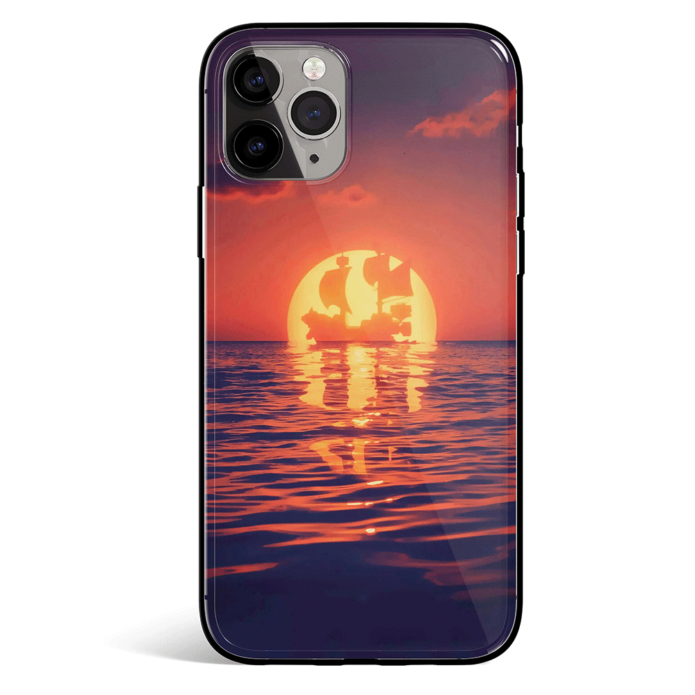 One Piece Thousand Sunny Pirate Ship in Sunset iPhone Tempered Glass Soft Silicone Phone Case