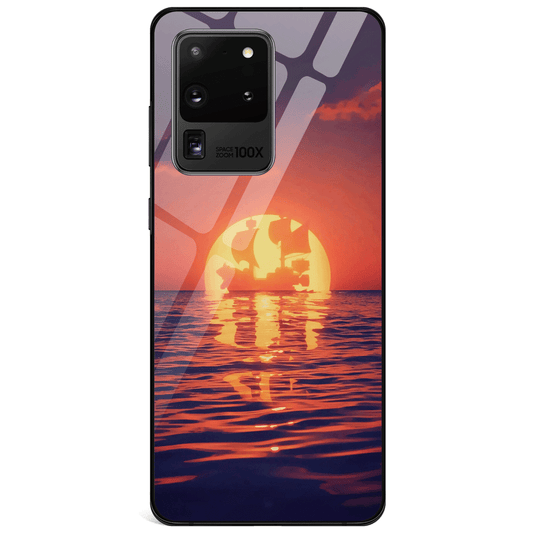 One Piece Thousand Sunny Pirate Ship in Sunset Tempered Glass Samsung Galaxy Phone Case