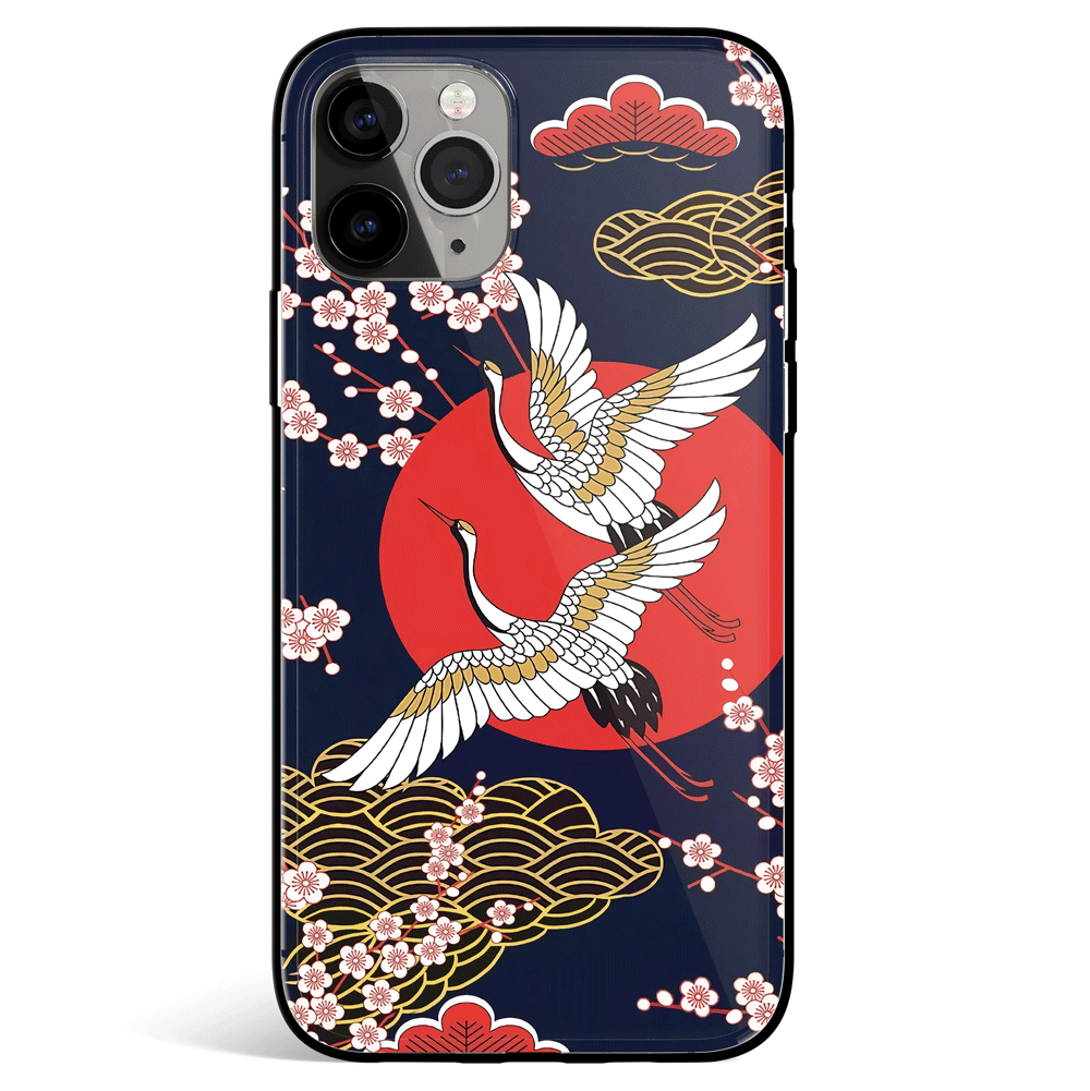 Crane Peach Blossom and Sunset iPhone Tempered Glass Phone Case