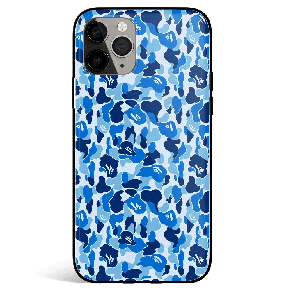 Blue Camouflage iPhone Tempered Glass Phone Case