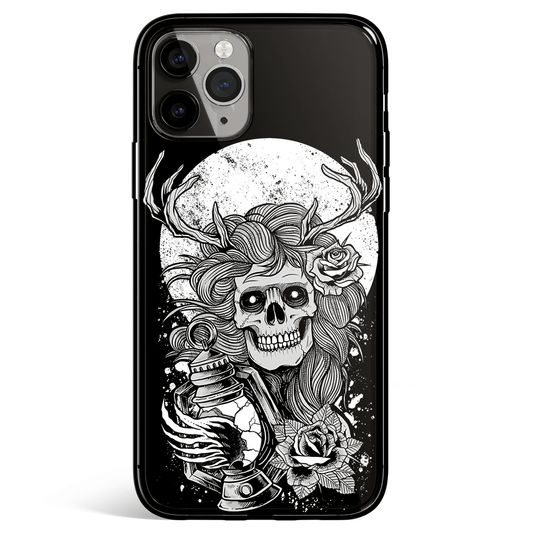 Skeleton Ghost Moon Black and White iPhone Tempered Glass Phone Case
