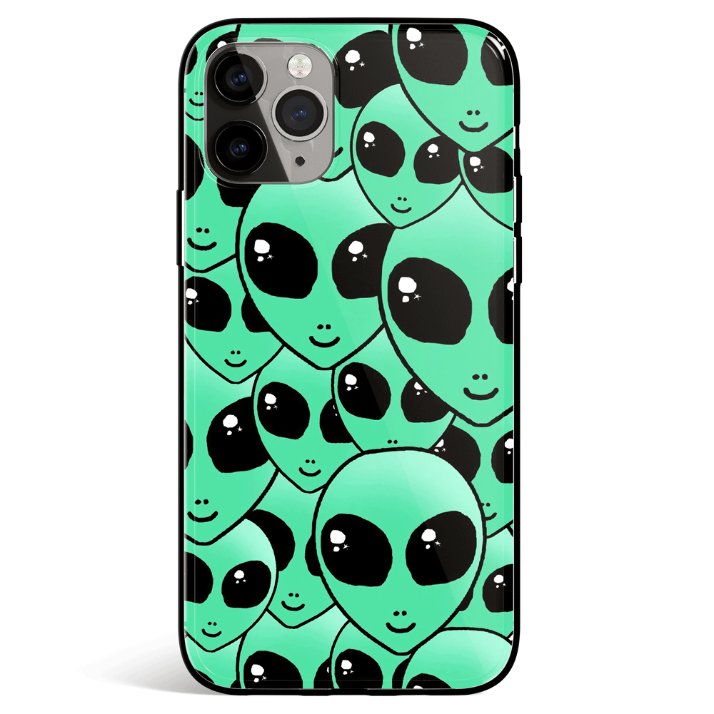Green Alien Faces iPhone Tempered Glass Phone Case
