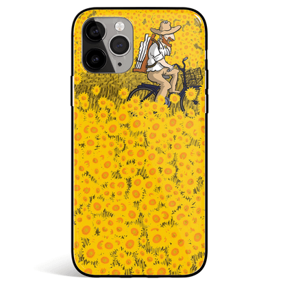Van Gogh Cycling in a sunflower Field Tempered Glass Soft Silicone iPhone Case