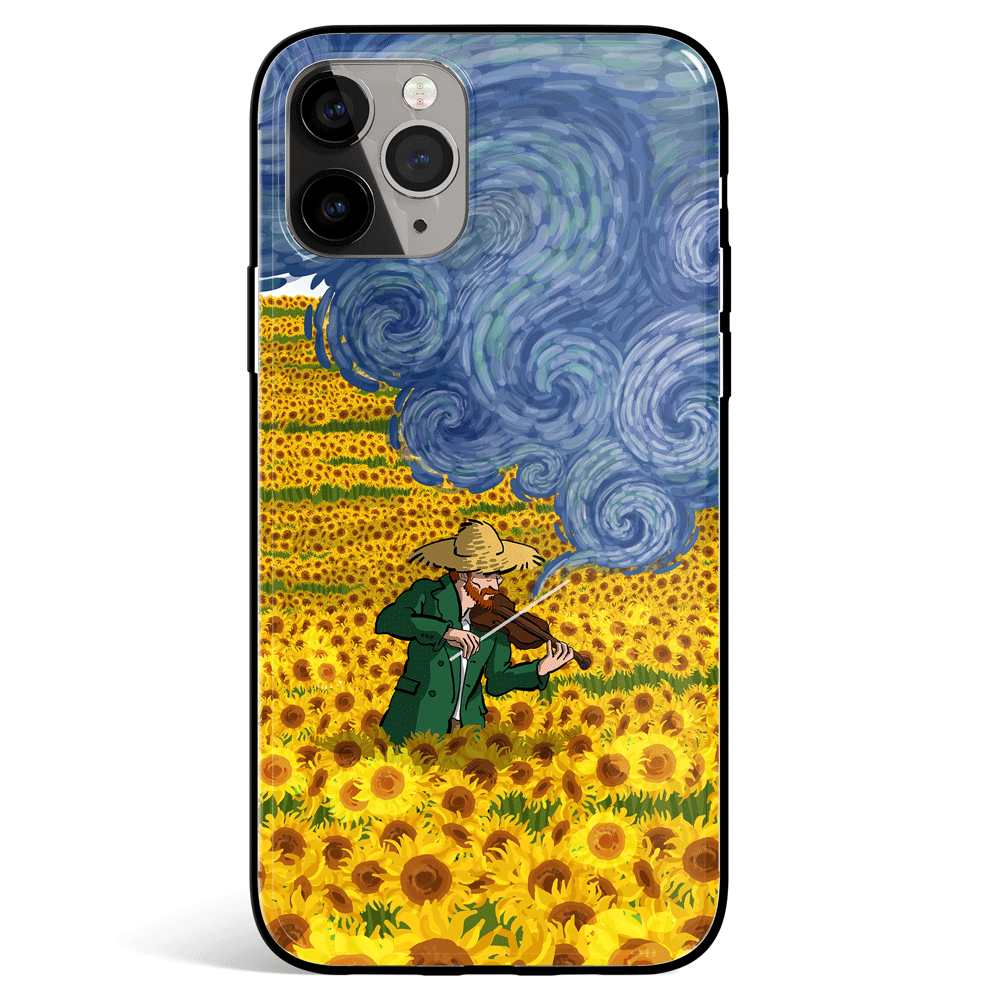 Van Gogh Playing the Violin in Sunflower Field Tempered Glass Soft Silicone iPhone Case