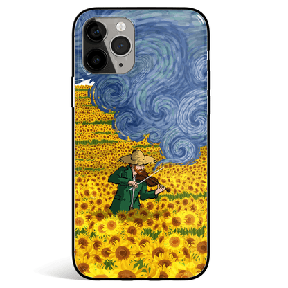Van Gogh Playing the Violin in Sunflower Field Tempered Glass Soft Silicone iPhone Case