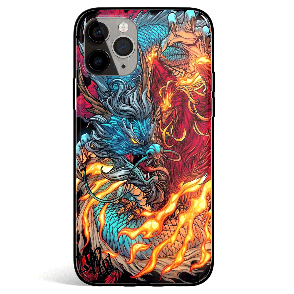 Dragon and Phoenix Tempered Glass Soft Silicone iPhone Case