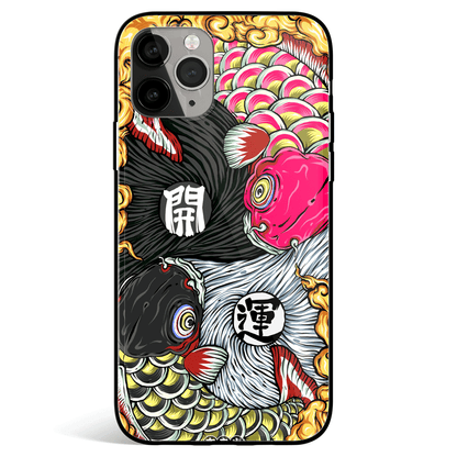 Become Lucky Carp Fish Tempered Glass Soft Silicone iPhone Case