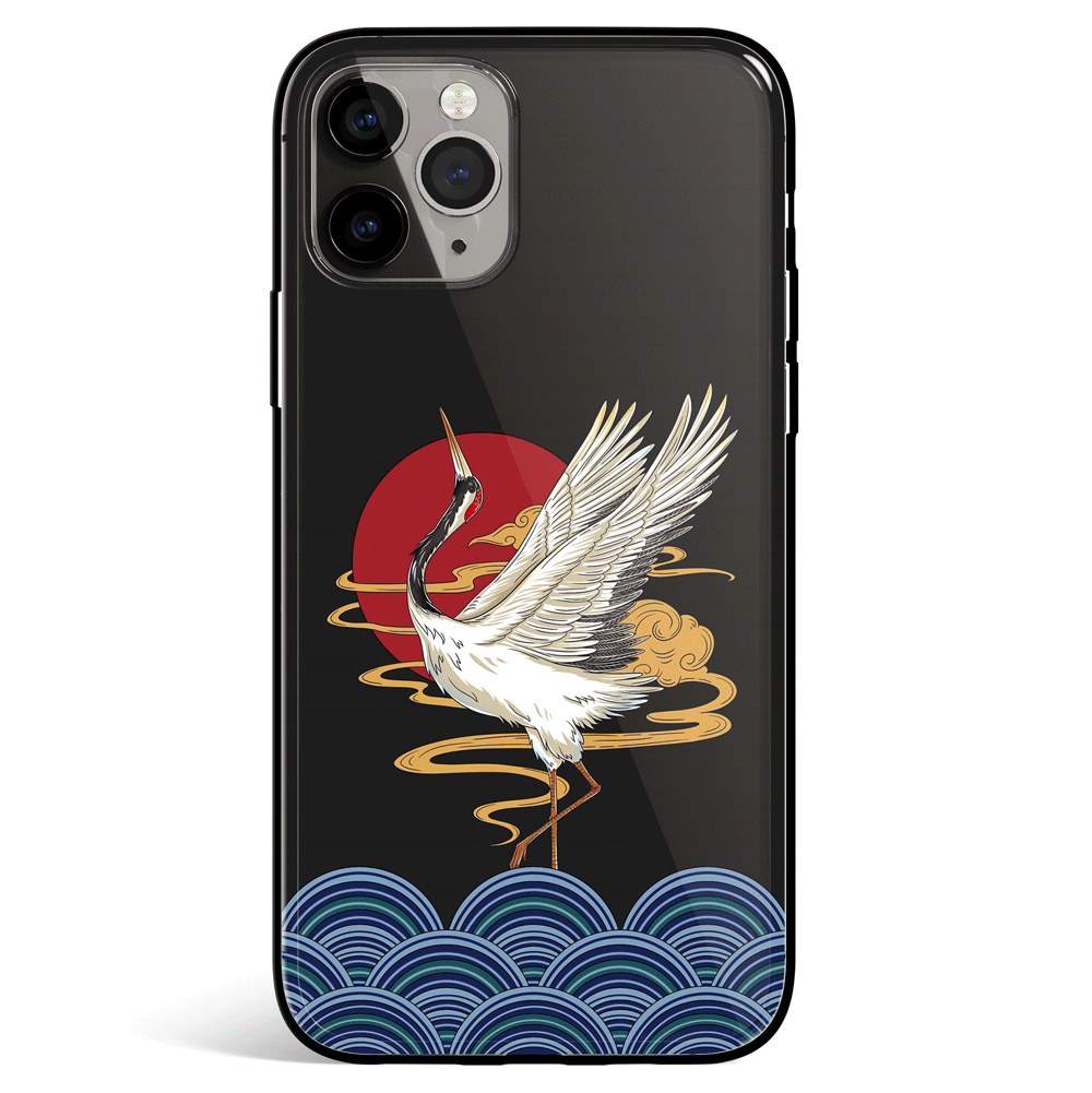 Dancing Crane Tempered Glass Soft Silicone iPhone Case