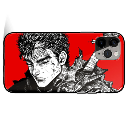 Berserk Guts Silhouette Red Background Tempered Glass Soft Silicone iPhone Case