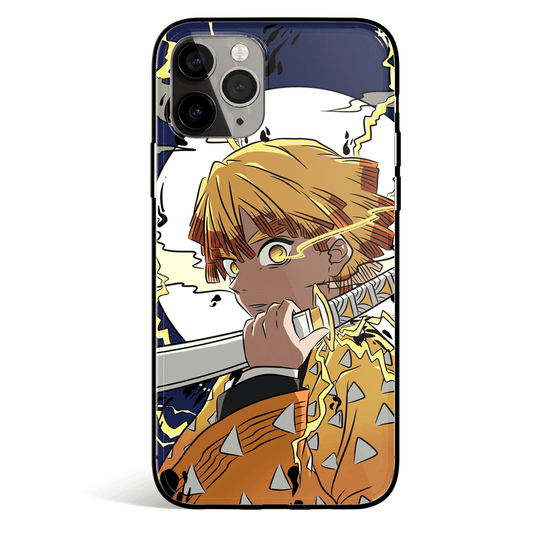 Demon Slayer Zenitsu on Moon Night Tempered Glass Soft Silicone iPhone Case-Phone Case-Monkey Ninja-iPhone X/XS-Tempered Glass-Monkey Ninja