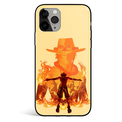 One Piece Ace Orange Silhouette Back View Tempered Glass Soft Silicone iPhone Case
