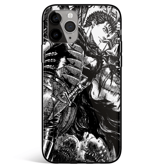 Berserk Guts Black White Sketch Tempered Glass Soft Silicone iPhone Case