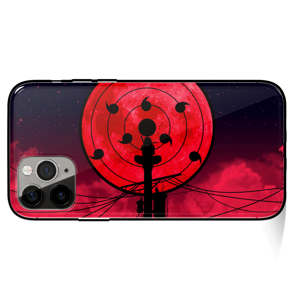 Naruto Itachi Sitting on Pole with Tsukoyomi Moon Tempered Glass Soft Silicone iPhone Case