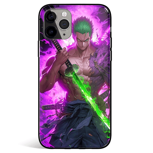 One Piece Purple Zoro Green Sword Tempered Glass Soft Silicone iPhone Case