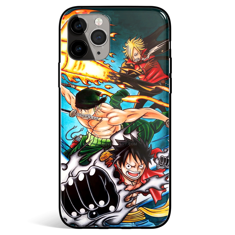 One Piece Luffy Zoro and Sanji Fighting Tempered Glass Soft Silicone iPhone Case