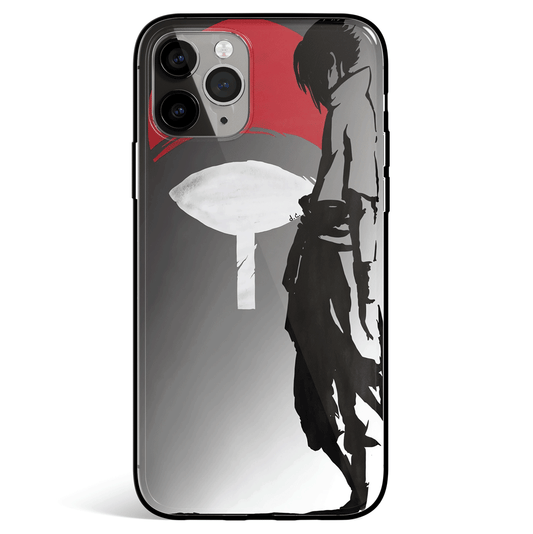 Naruto Sasuke Side Silhouette and Uchiha Clan Tempered Glass Soft Silicone iPhone Case