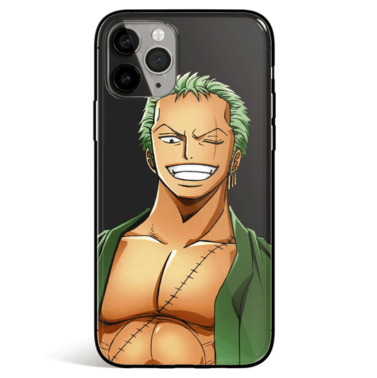 One Piece Zoro Black Background Tempered Glass Soft Silicone iPhone Case